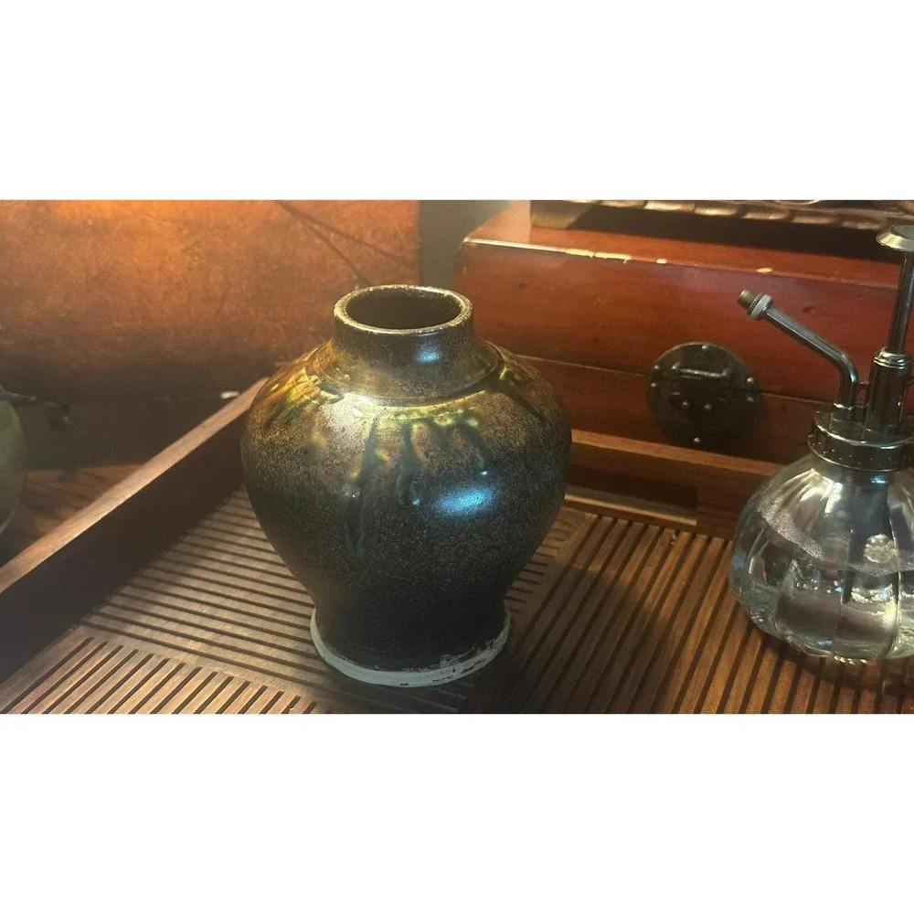 Artist Signed Rustic Speckled Pottery Vase Brown Green Studio Art 5.5